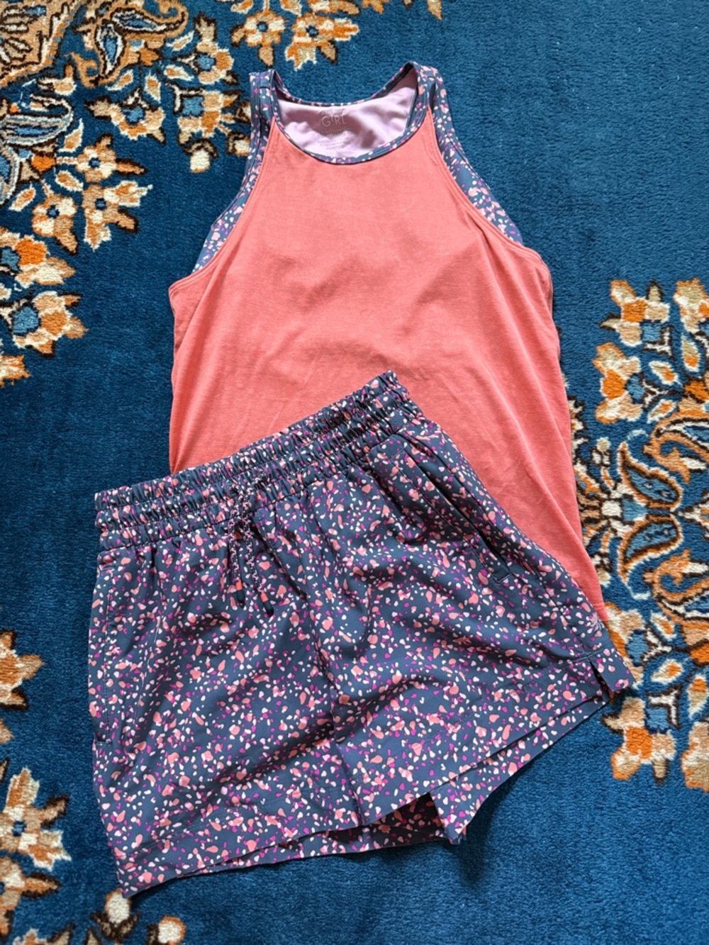 Athleta Girl Pink Tank & Purple Patterned Shorts Athletic Set Sz 8-10